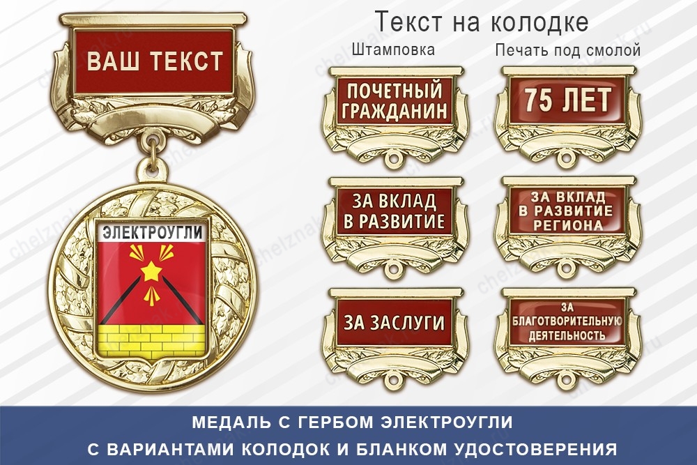 Медаль с гербом города Электроугли Московской области с бланком удостоверения, дополнительное фото 1