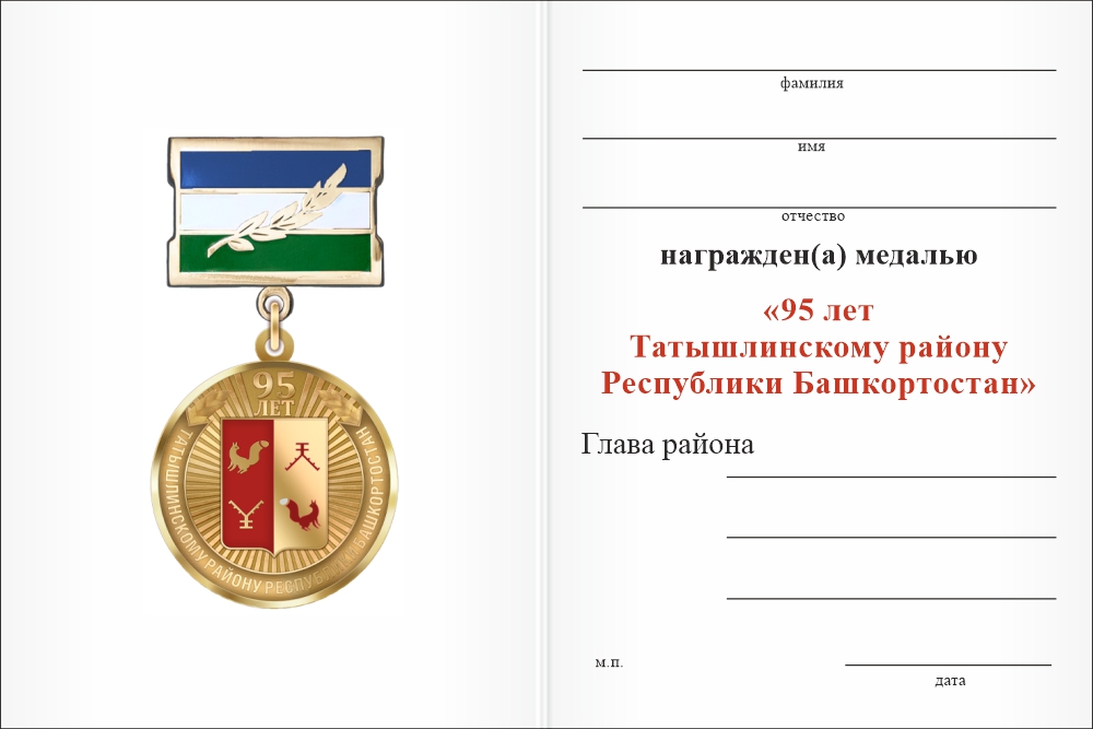 Бланк оборотная сторона Медаль «95 лет Татышлинскому району Республики Башкортостан. За вклад в развитие» с бланком удостоверения