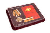Наградной комплект с муаровой лентой  к медали МО РФ «За заслуги в ядерном обеспечении» с бланком удостоверения