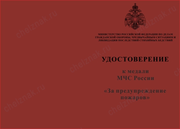 Лицевая сторона награды Медаль МЧС РФ «За предупреждение пожаров» с бланком удостоверения