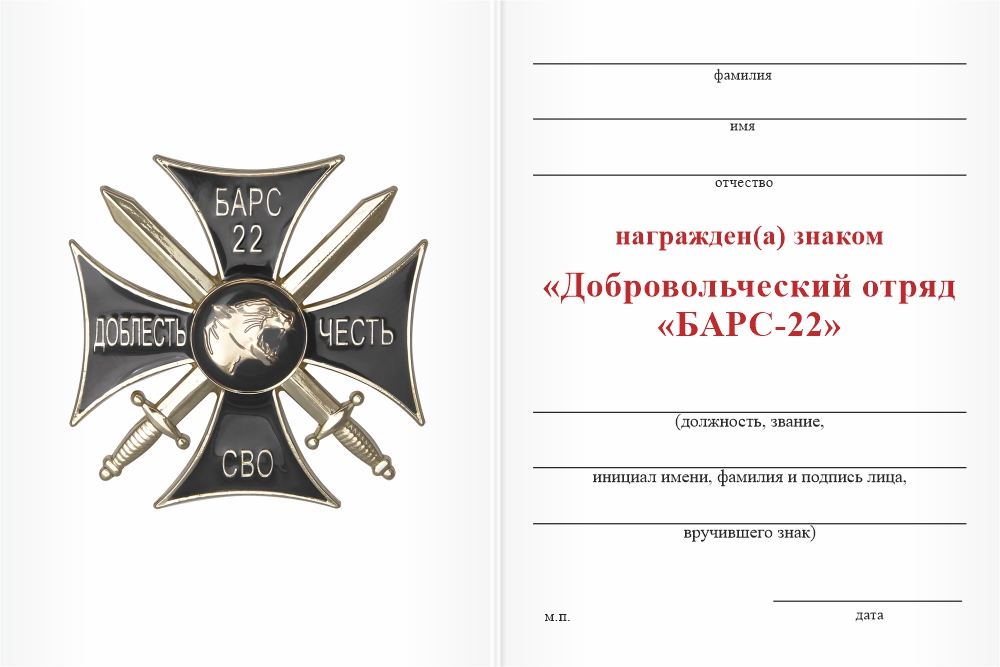 Бланк оборотная сторона Памятный знак «СВО. Барс 22» с бланком удостоверения