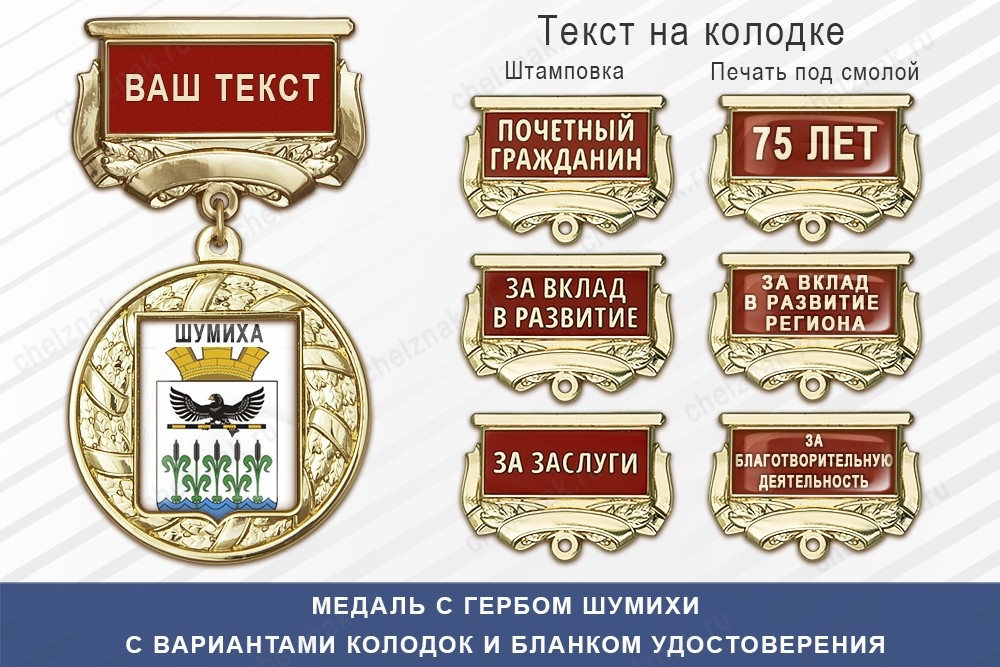 Медаль с гербом города Шумихи Курганской области с бланком удостоверения, дополнительное фото 1