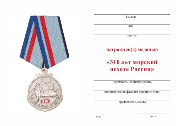 Обратная сторона награды Медаль «310 лет морской пехоте России» с бланком удостоверения