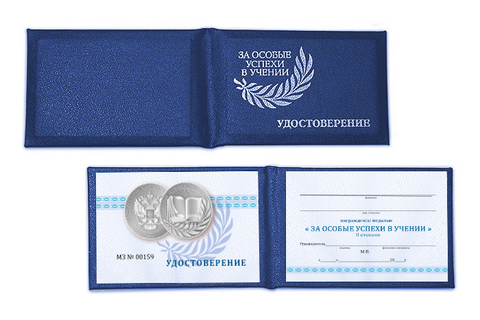Обратная сторона награды Бланк удостоверения к медали «За особые успехи в учении» 2 степени, синий 2023 г.