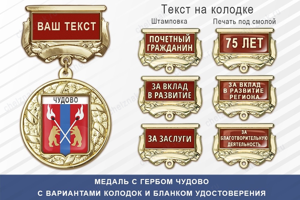 Медаль с гербом города Чудово Новгородской области с бланком удостоверения, дополнительное фото 1